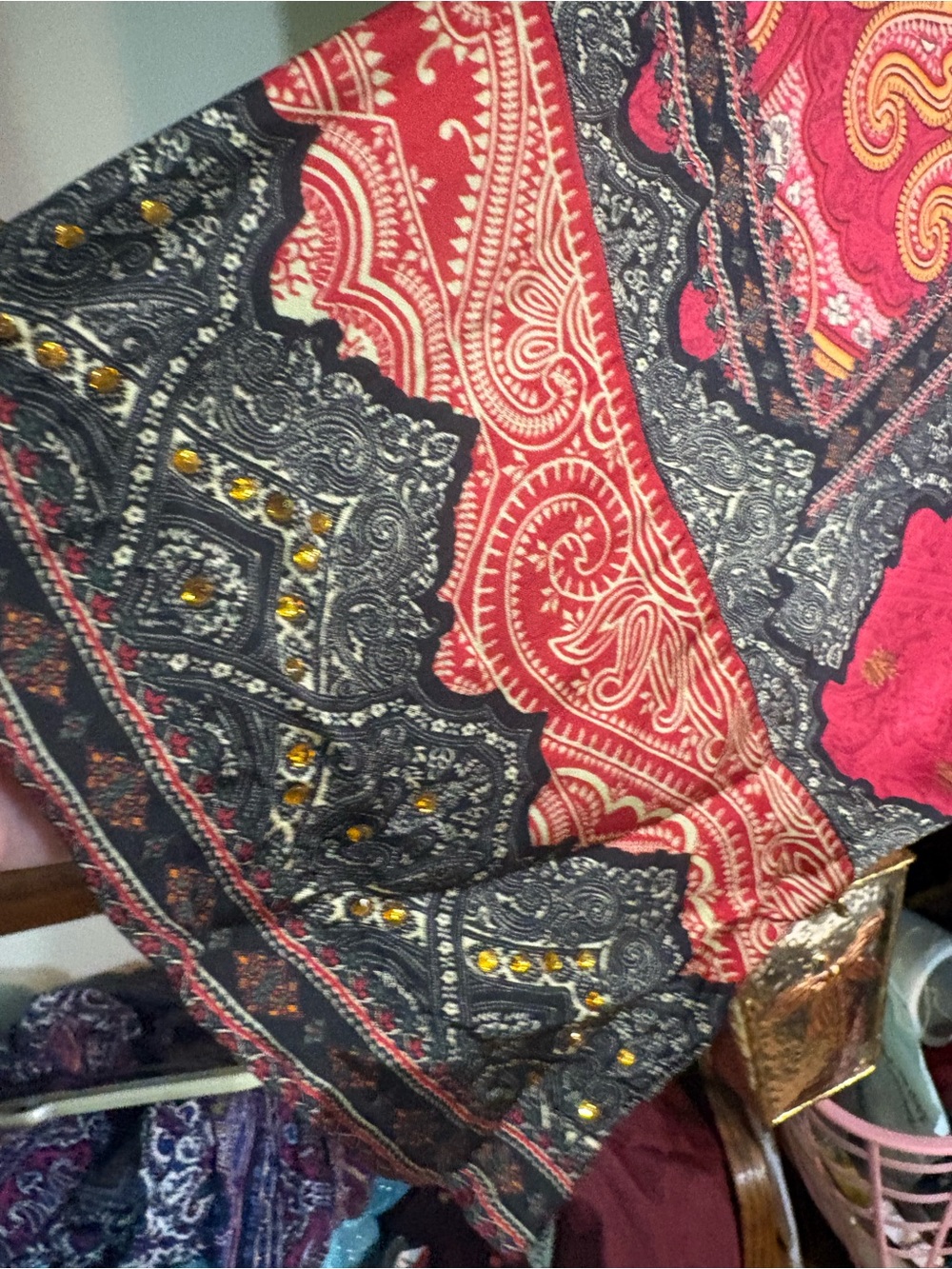 intricately printed red kaftan featuring traditional paisley maxi dress lounge - Picture 12 of 12
